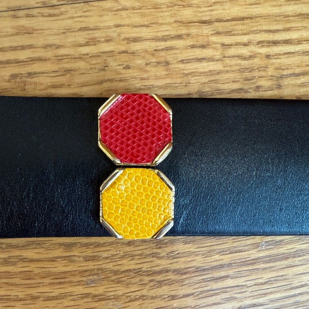 Vintage Carlisle Black Leather Belt w/Animal Skin Embossed Colorful Dots - Picture 4 of 8
